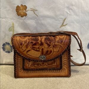 Vintage Mexican Leather Handbag with Floral Design